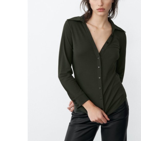 ZARA V NECK OLIVE GREEN FITTED BUTTON DOWN LONG SLEEVE BLOUSE - Picture 1 of 10